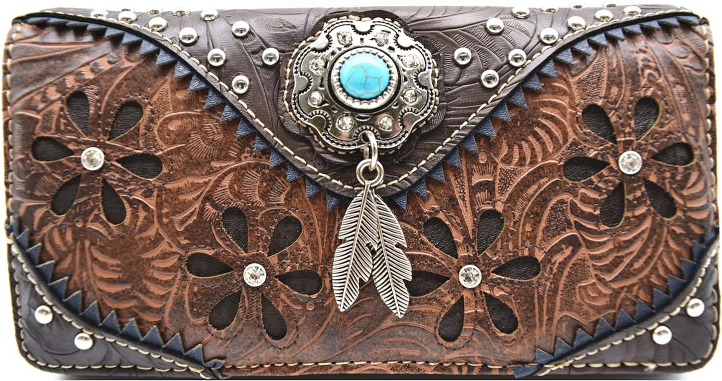 Tooled Leather Floral Laser Cut Flower Feather Purse Studs Country Western Handbag Women Shoulder Bag Trifold Wallet Set