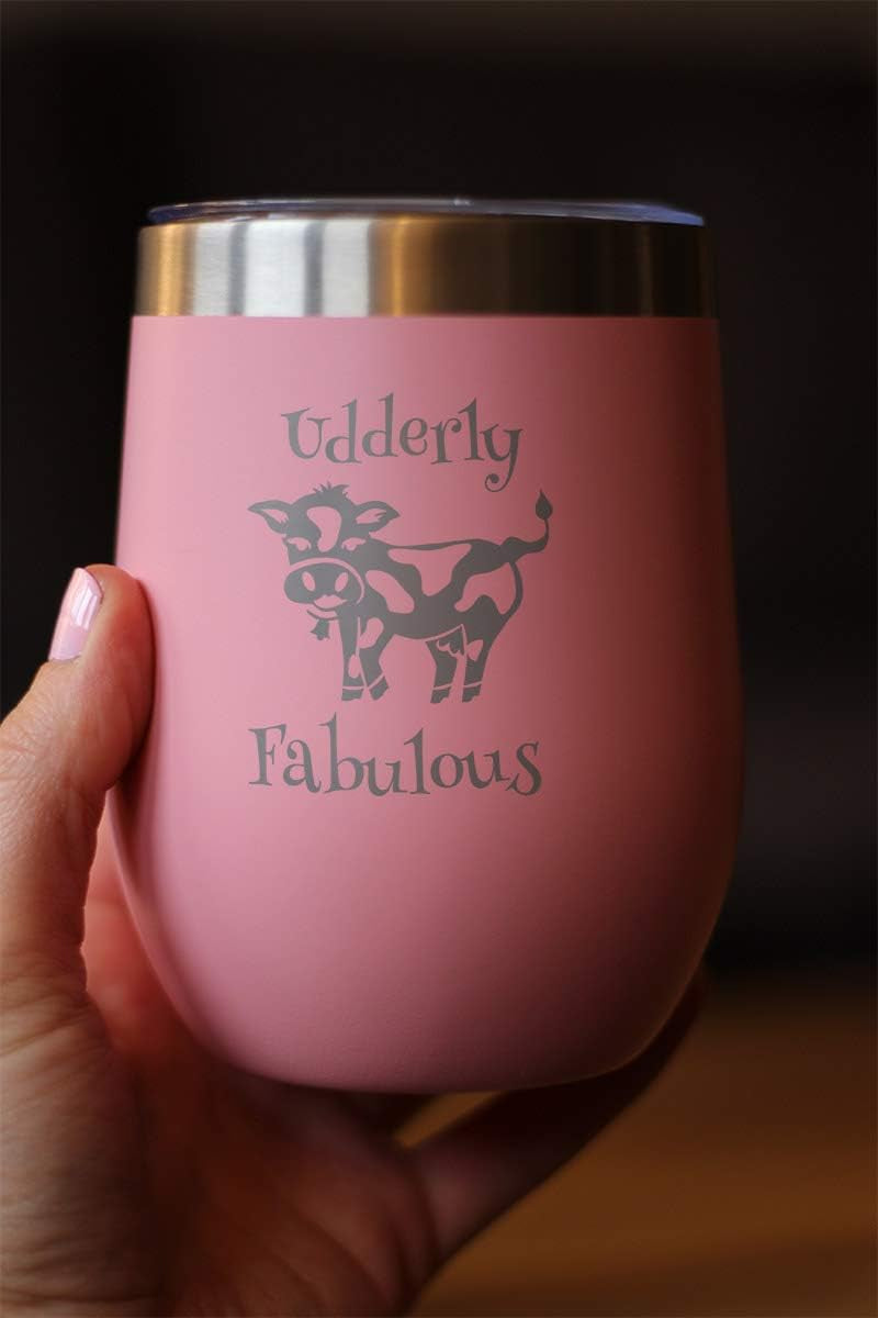 Udderly Fabulous - Cow Wine Tumbler with Sliding Lid - Stemless Stainless Steel Insulated Cup - Funny Outdoor Camping Mug - Pink