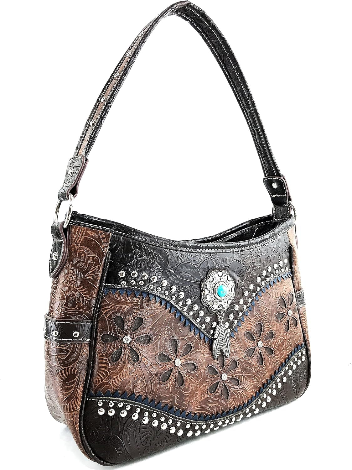 Cowgirl Leather Cut Concealed Carry Feather Concho Country Vintage Western Handbag Purse Wallet Set