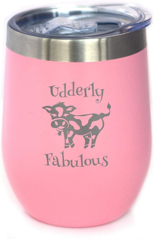 Udderly Fabulous - Cow Wine Tumbler with Sliding Lid - Stemless Stainless Steel Insulated Cup - Funny Outdoor Camping Mug - Pink
