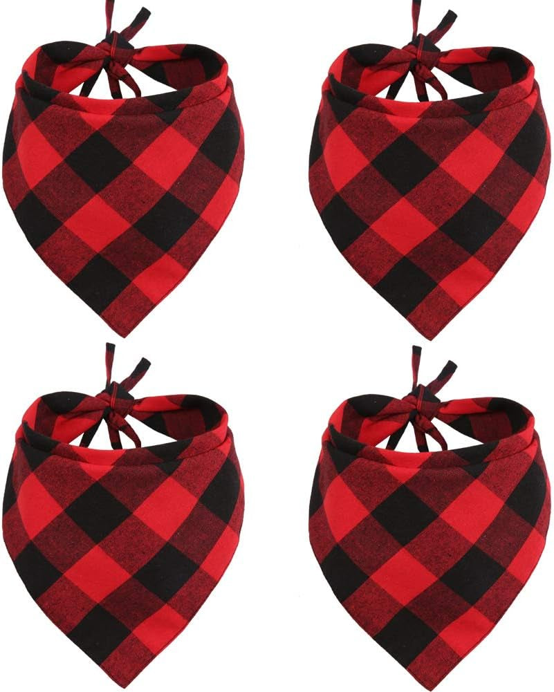 4 Pcs Dog Bandana Christmas Pet Triangle Scarf Accessories Bibs Red Black Plaid