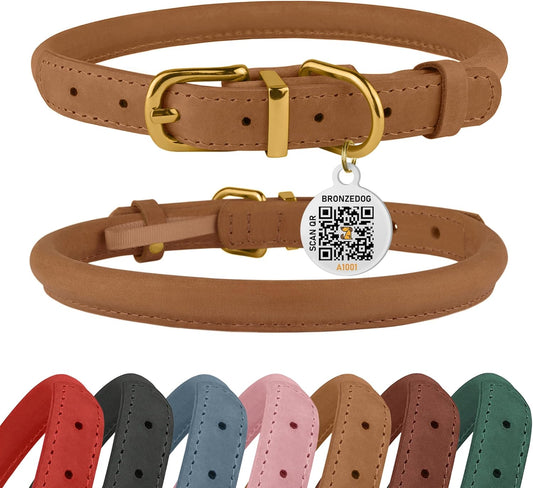 Rolled Leather Dog Collar with QR ID Tag Adjustable Soft round Collars for Small Medium Large Dogs Puppy Cat (14" - 16" Neck Size, Light Brown)