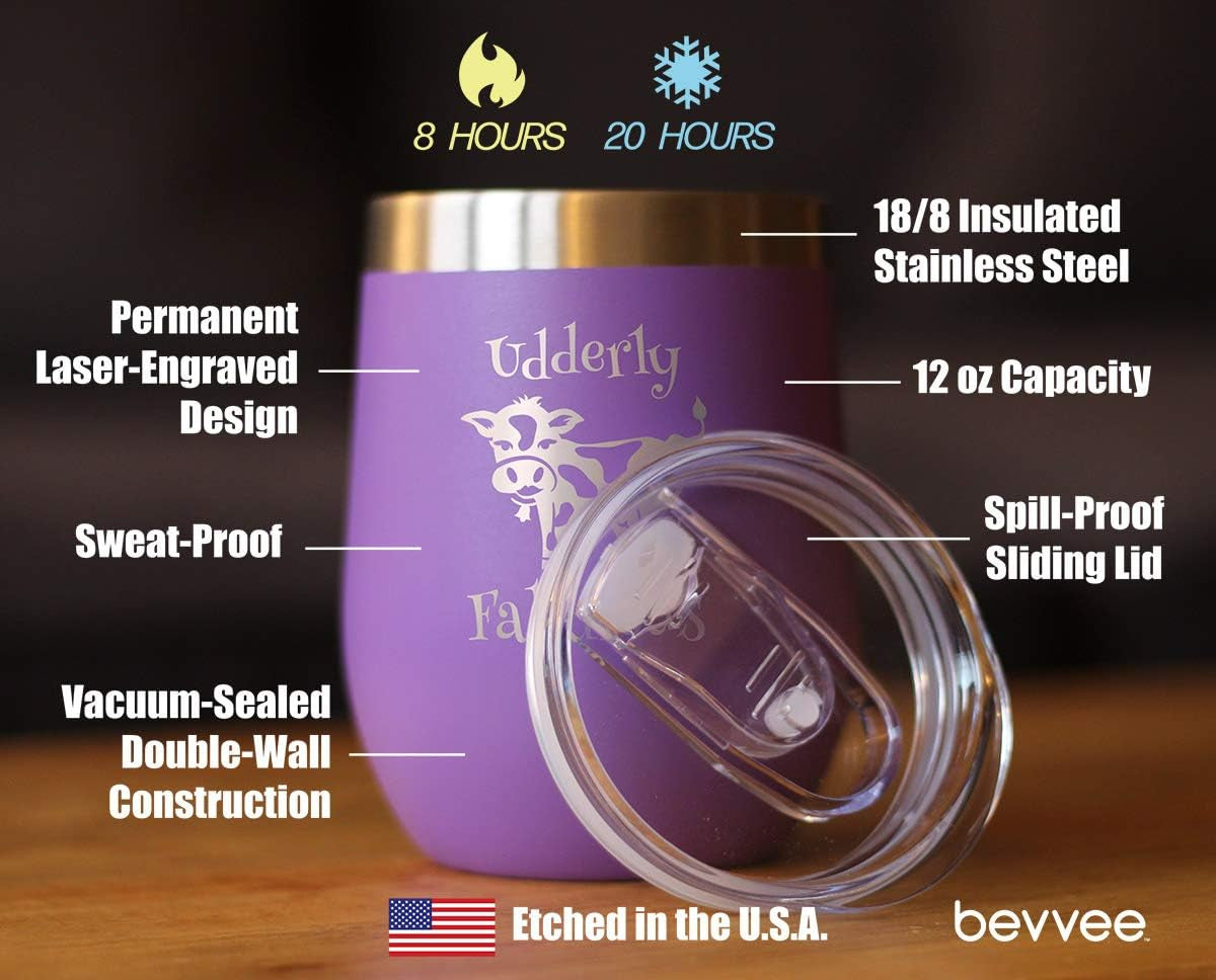 Udderly Fabulous - Cow Wine Tumbler with Sliding Lid - Stemless Stainless Steel Insulated Cup - Funny Outdoor Camping Mug - Purple