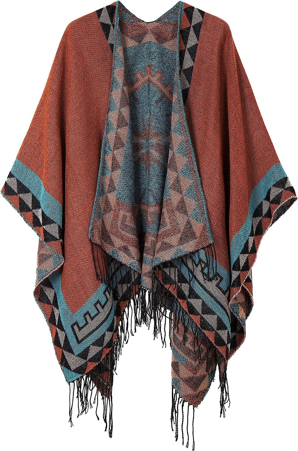 Women'S Printed Tassel Open Front Poncho Cape Cardigan Wrap Shawl