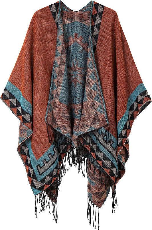 Women'S Printed Tassel Open Front Poncho Cape Cardigan Wrap Shawl