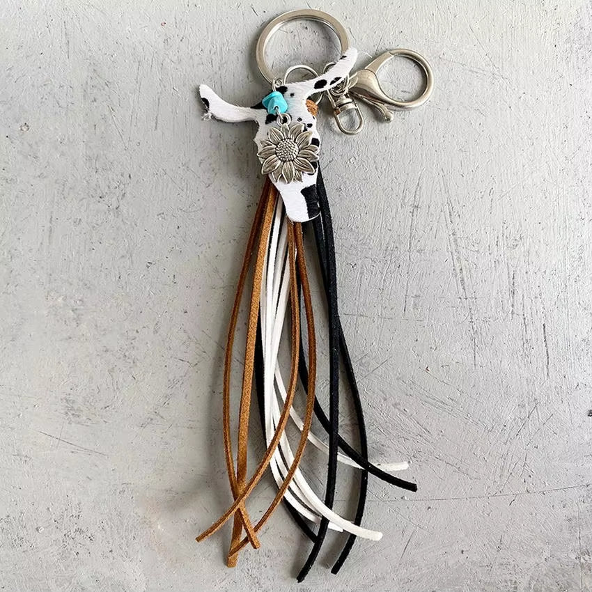 Leather Cow Tag Long Tassel Western Cowgirl Cowboy Keychain 2024 New Boho Key Chain Boutique Jewelry Wholesale Free Shipping