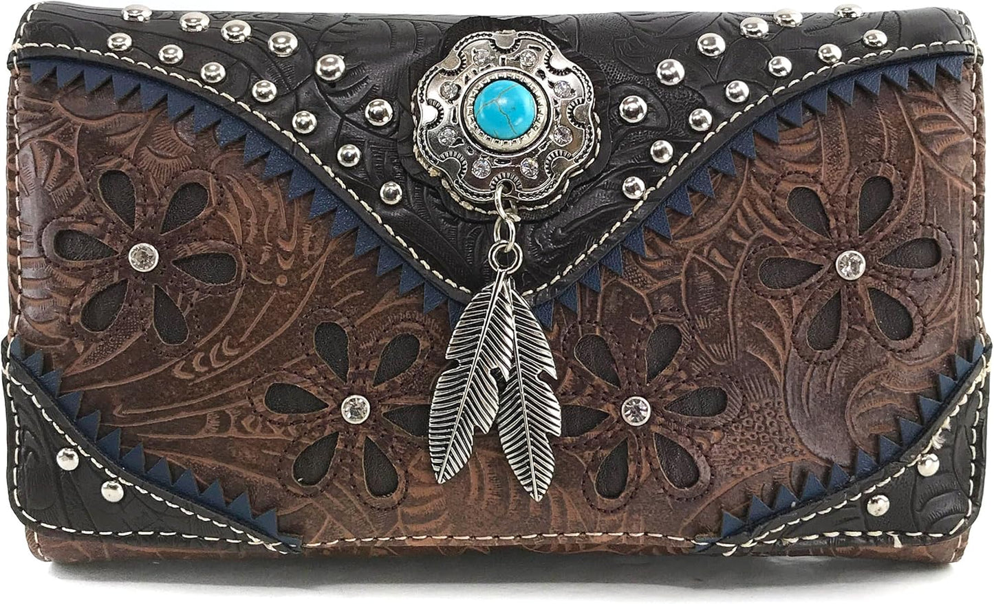 Cowgirl Leather Cut Concealed Carry Feather Concho Country Vintage Western Handbag Purse Wallet Set