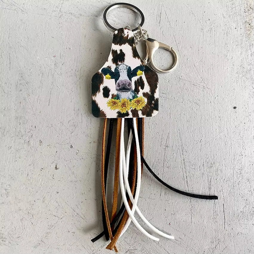 Leather Cow Tag Long Tassel Western Cowgirl Cowboy Keychain 2024 New Boho Key Chain Boutique Jewelry Wholesale Free Shipping