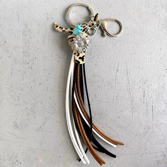 Leather Cow Tag Long Tassel Western Cowgirl Cowboy Keychain 2024 New Boho Key Chain Boutique Jewelry Wholesale Free Shipping