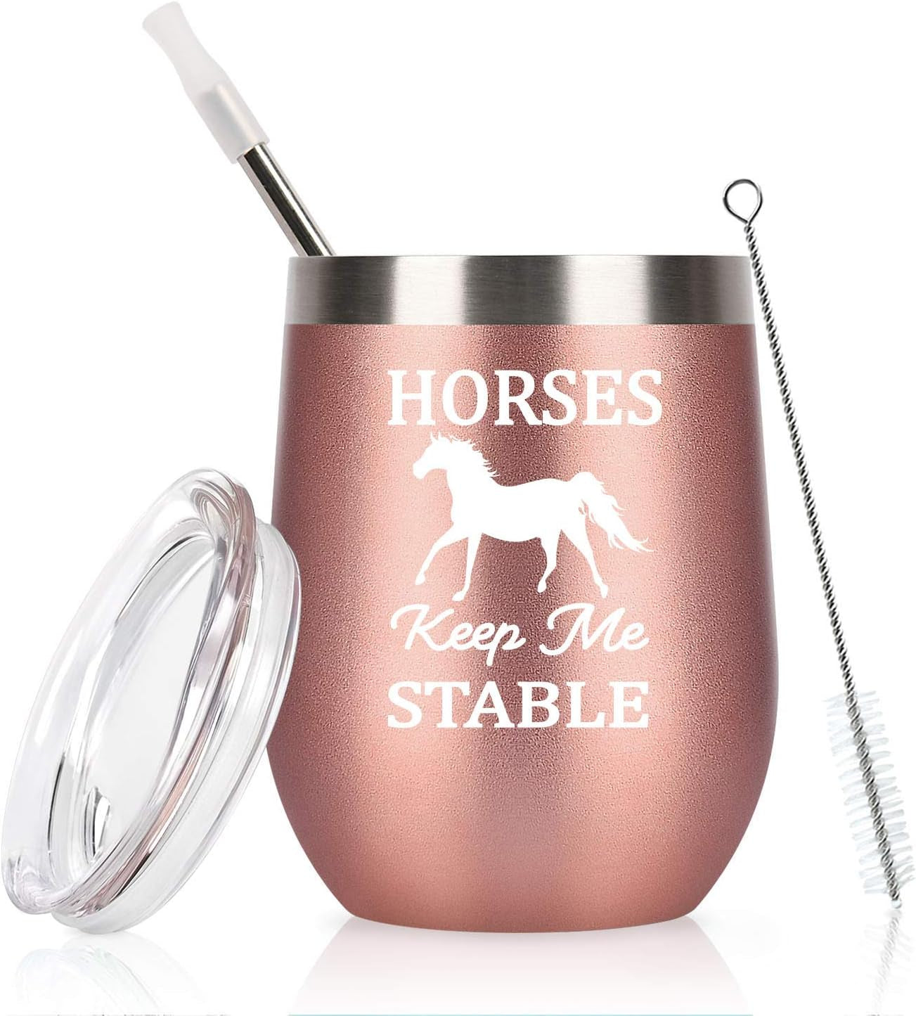 Horse Gifts for Women, Horses Keep Me Stable Wine Tumbler with Lid, Funny Birthday Christmas Gifts for Horse Lovers, Girls, Mom, Friends, Aunt, 12 Oz Insulated Stainless Steel Tumbler, Rose Gold