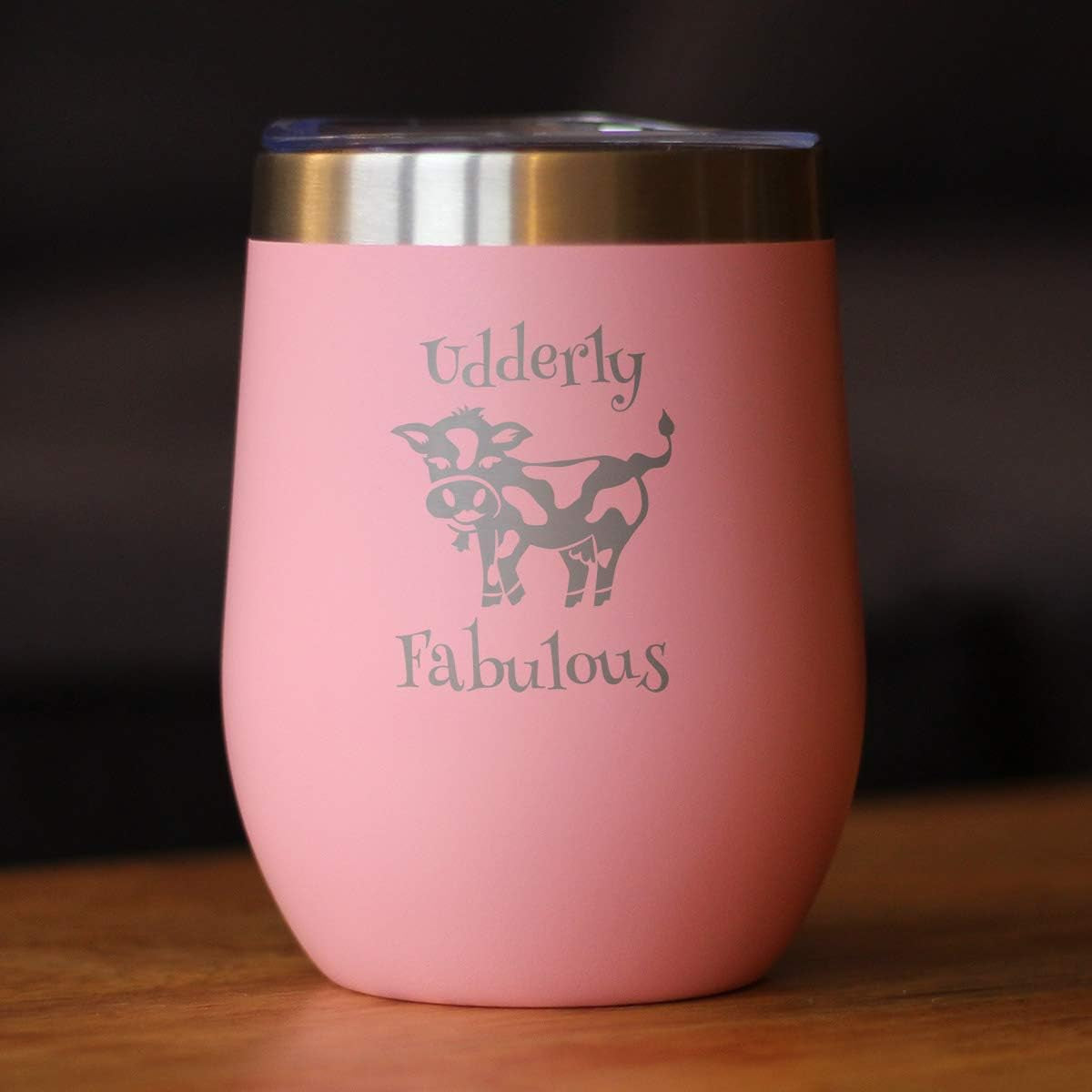 Udderly Fabulous - Cow Wine Tumbler with Sliding Lid - Stemless Stainless Steel Insulated Cup - Funny Outdoor Camping Mug - Pink