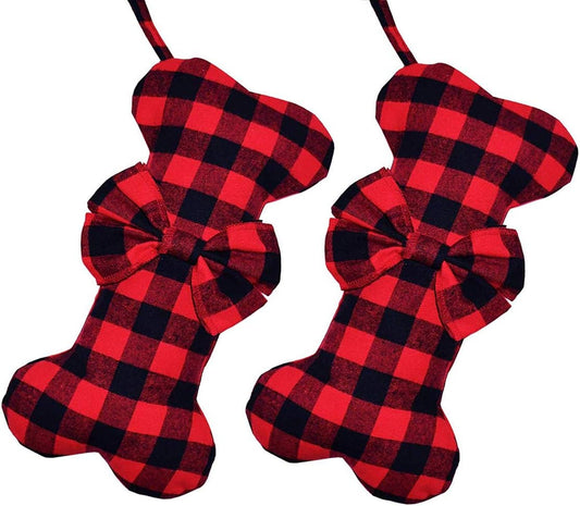 2 Pack Pet Dog Christmas Stockings Classic Buffalo Red Black Plaid Large Bone Shape Hanging Christmas Stocking for Dogs Pets