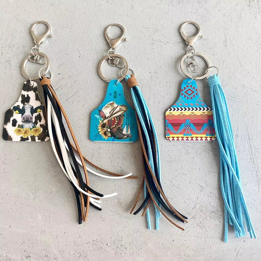 Leather Cow Tag Long Tassel Western Cowgirl Cowboy Keychain 2024 New Boho Key Chain Boutique Jewelry Wholesale Free Shipping