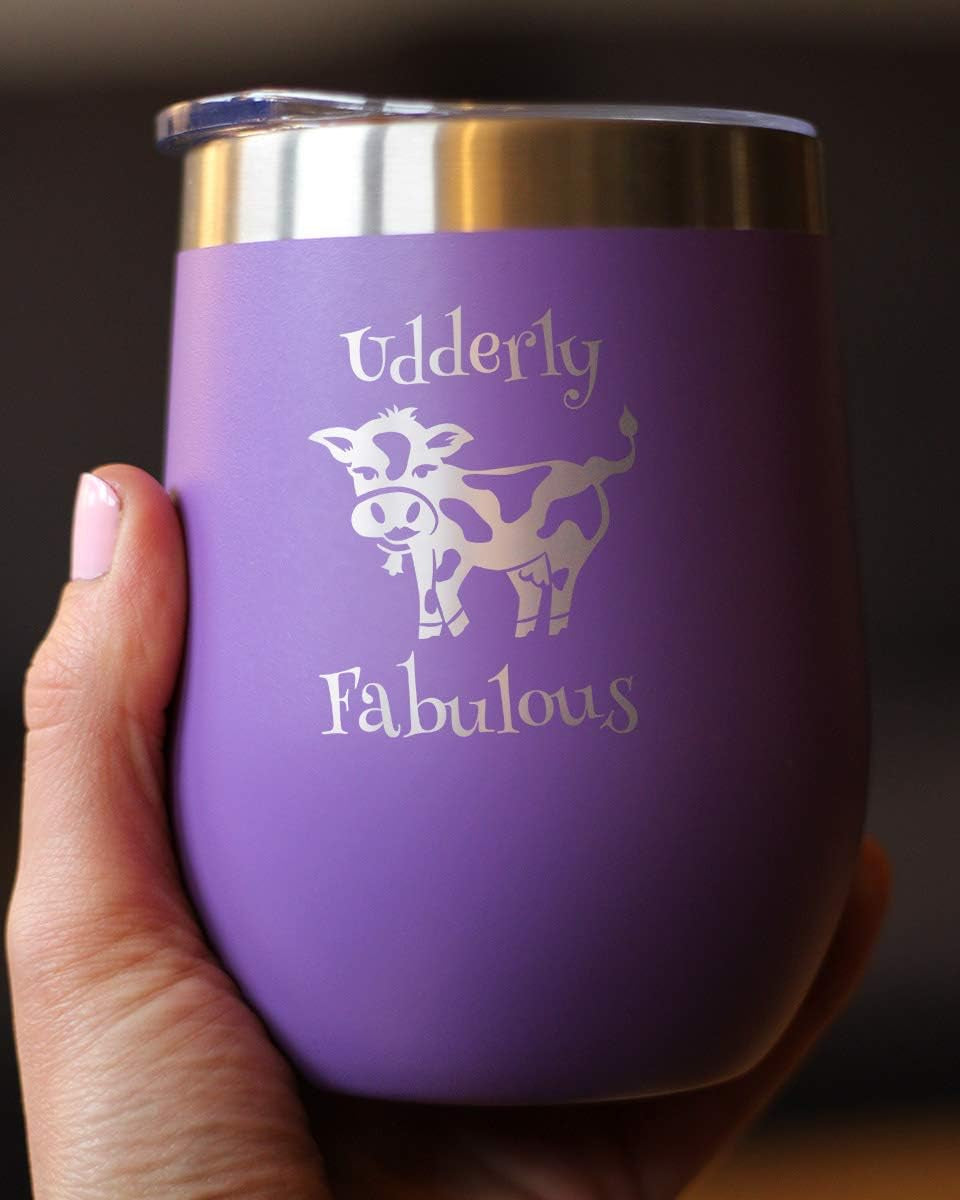 Udderly Fabulous - Cow Wine Tumbler with Sliding Lid - Stemless Stainless Steel Insulated Cup - Funny Outdoor Camping Mug - Purple