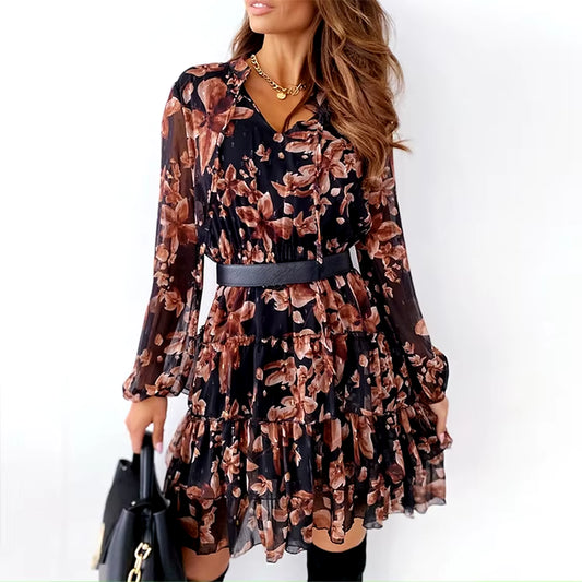 Women’S Casual Long Sleeve Dress Vintage Flowers Tie-Up V-Neck High Waist Ruffles Dress Autumn Spring Office Lady Wear