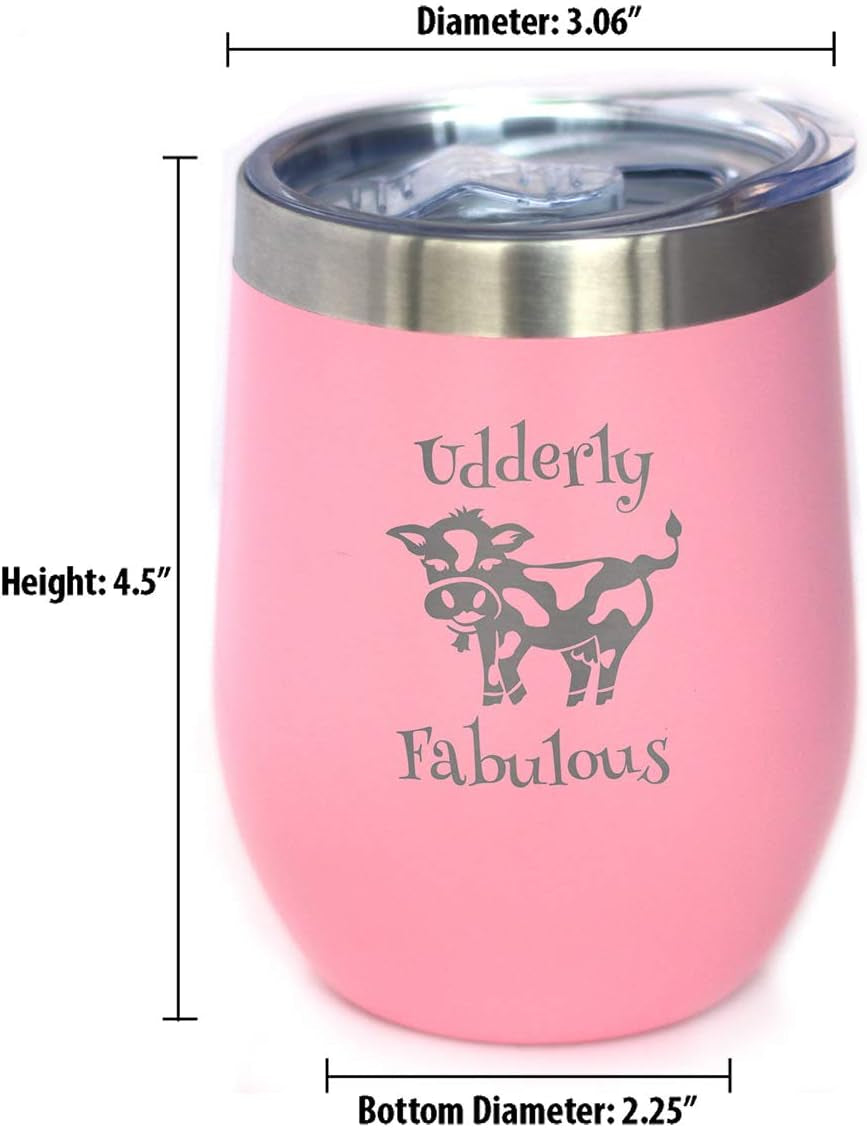 Udderly Fabulous - Cow Wine Tumbler with Sliding Lid - Stemless Stainless Steel Insulated Cup - Funny Outdoor Camping Mug - Pink