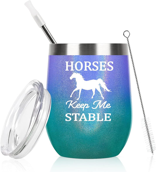 Horse Gifts for Women, Horses Keep Me Stable Wine Tumbler, Birthday Christmas Gifts for Horse Lovers, Girls, Friends, Sister, 12 Oz Insulated Stainless Steel Tumbler, Glitter