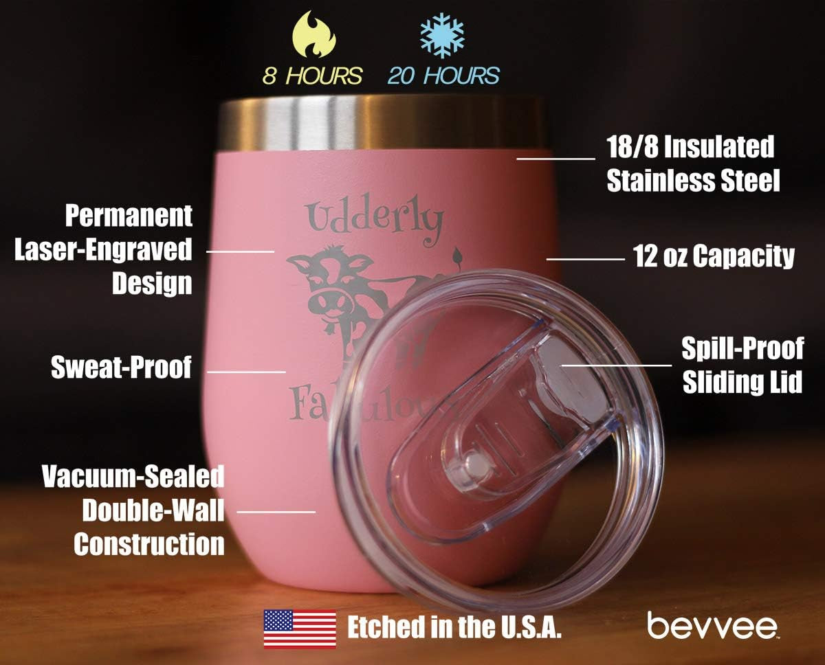 Udderly Fabulous - Cow Wine Tumbler with Sliding Lid - Stemless Stainless Steel Insulated Cup - Funny Outdoor Camping Mug - Pink