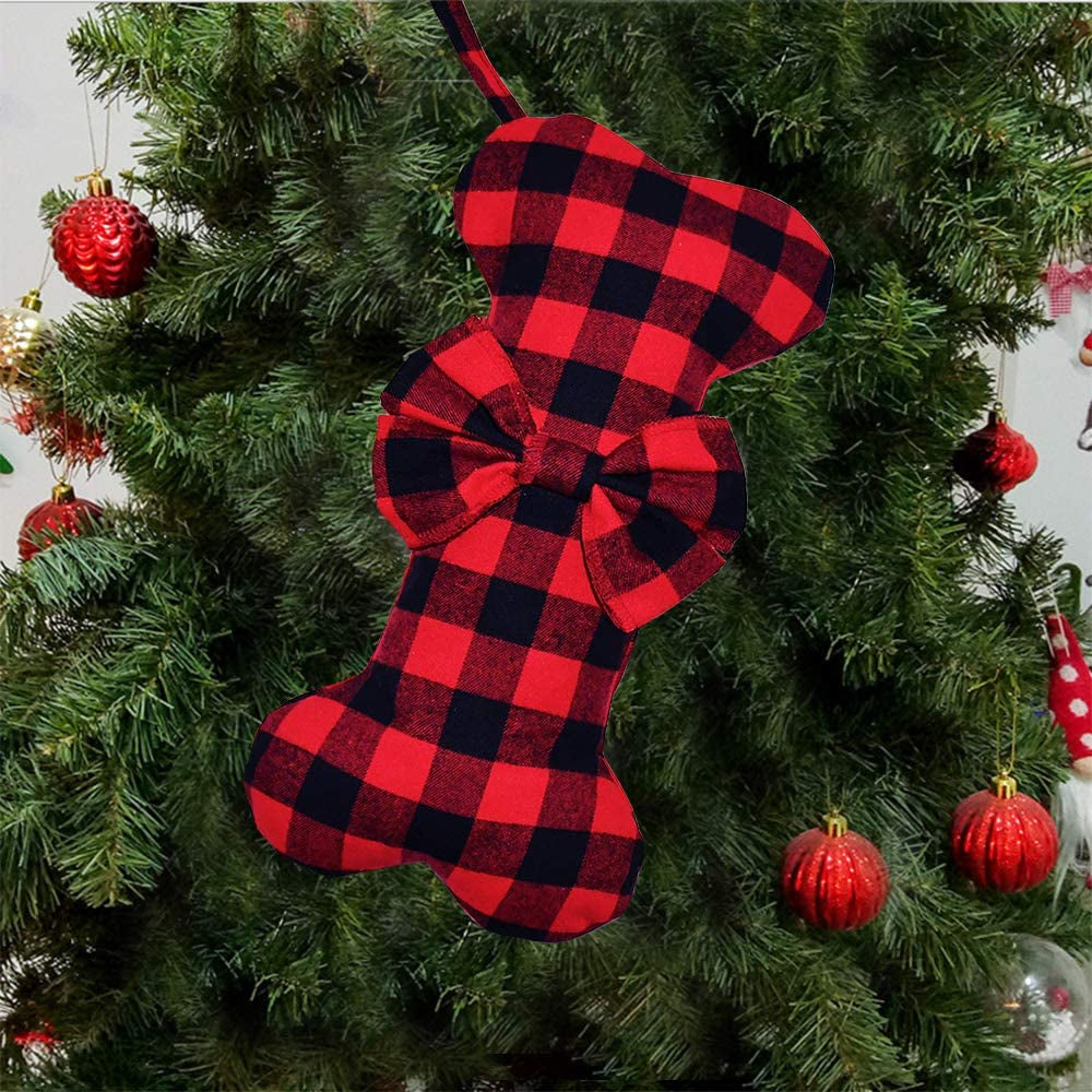 2 Pack Pet Dog Christmas Stockings Classic Buffalo Red Black Plaid Large Bone Shape Hanging Christmas Stocking for Dogs Pets