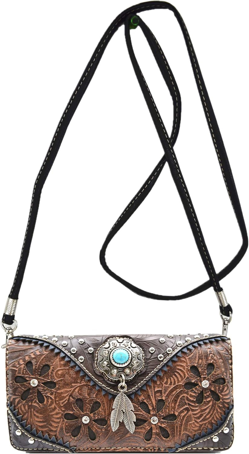 Tooled Leather Floral Laser Cut Flower Feather Purse Studs Country Western Handbag Women Shoulder Bag Trifold Wallet Set