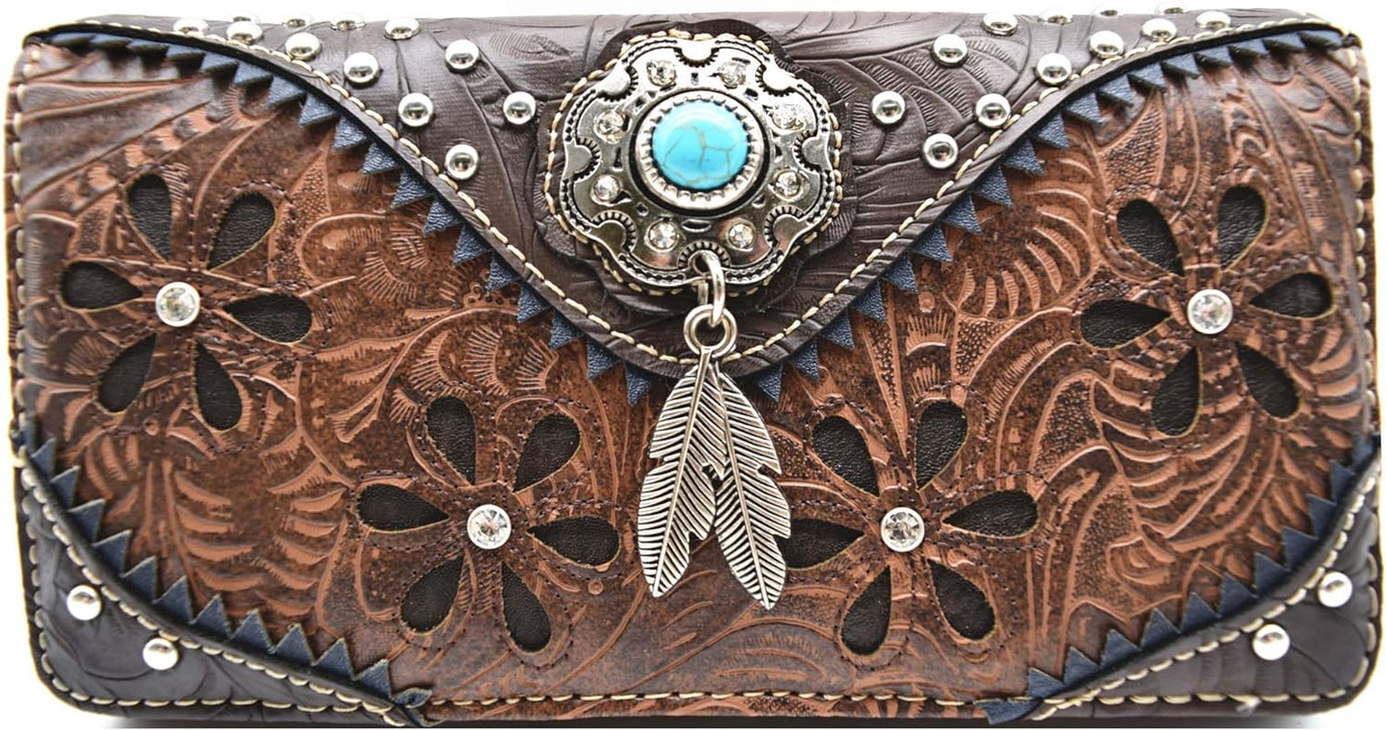 Tooled Leather Floral Laser Cut Flower Feather Purse Studs Country Western Handbag Women Shoulder Bag Trifold Wallet Set