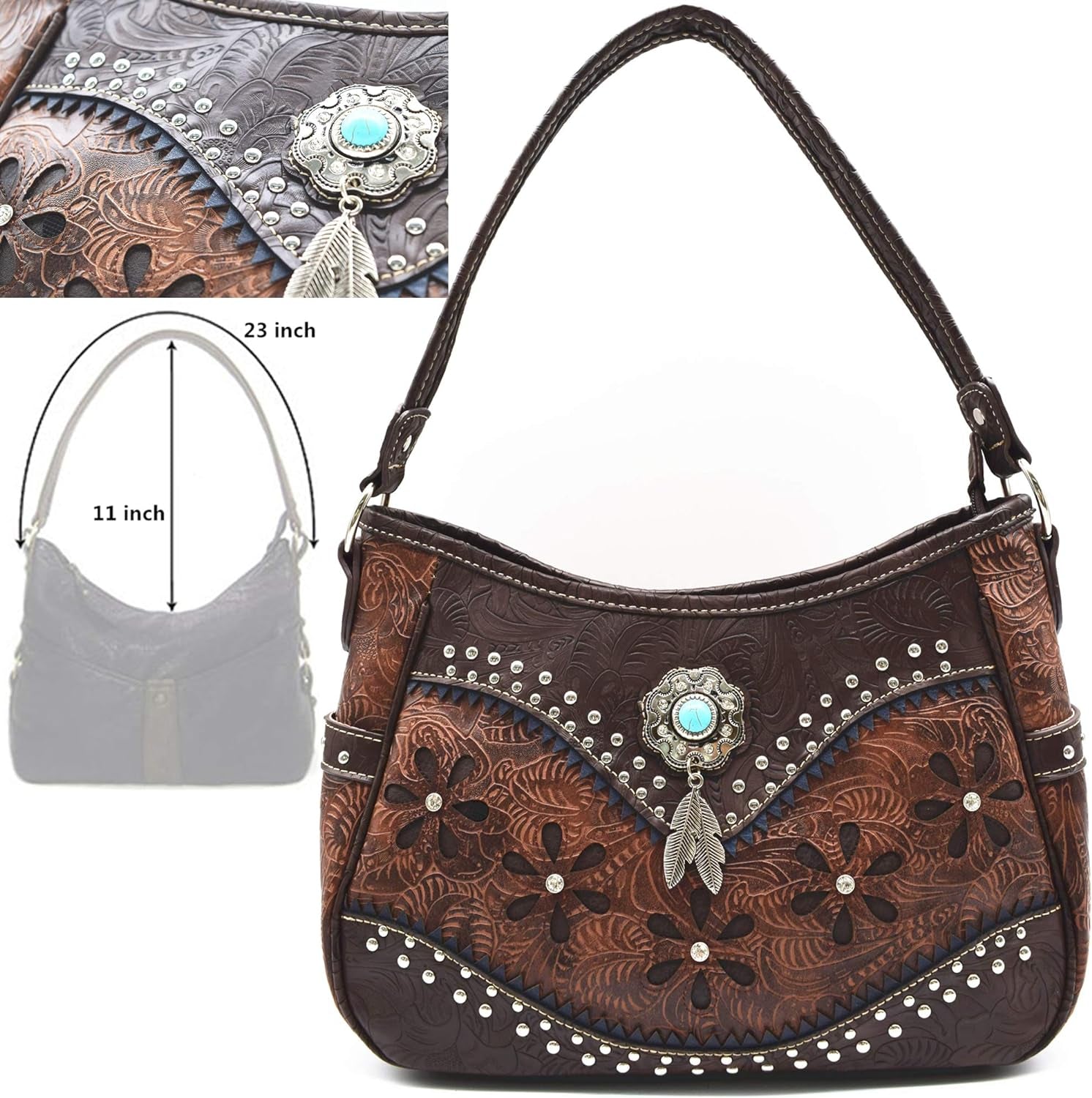 Tooled Leather Floral Laser Cut Flower Feather Purse Studs Country Western Handbag Women Shoulder Bag Trifold Wallet Set
