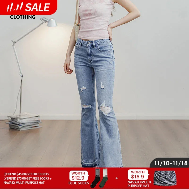 Maden Ripped Light Blue Bell-Bottom Jeans for Women Vintage Slim Pants 9OZ Street Wear Women’s Flare Jeans Non Strech S M L XL