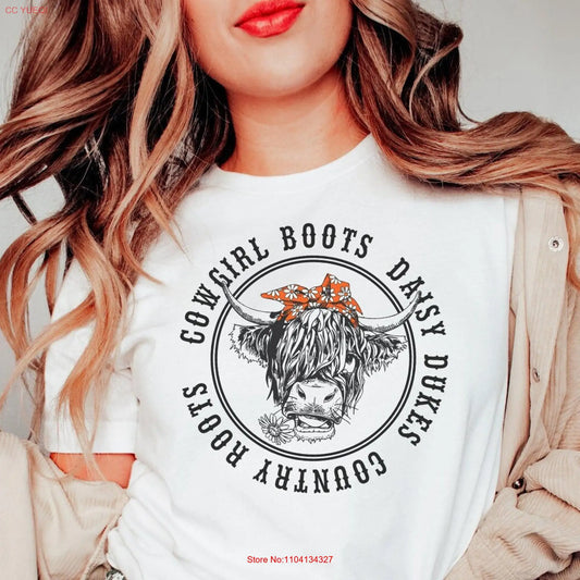 Highland Cow T Shirt Country Girl Daisy Dukes Cowgirl Boots Roots Western long or short sleeves