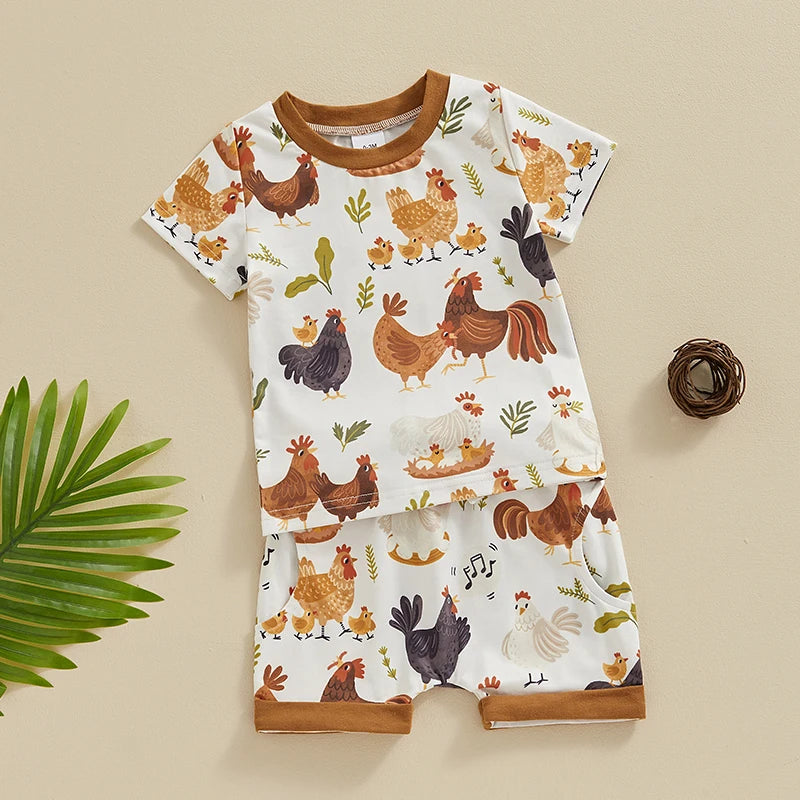 Toddler Baby Boy Farm Clothes Western Farm Chicken Animals Tractor Shirt Short Pant Summer Short Outfit Country Stuff