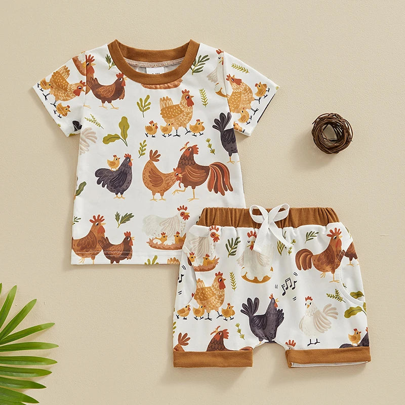 Toddler Baby Boy Farm Clothes Western Farm Chicken Animals Tractor Shirt Short Pant Summer Short Outfit Country Stuff