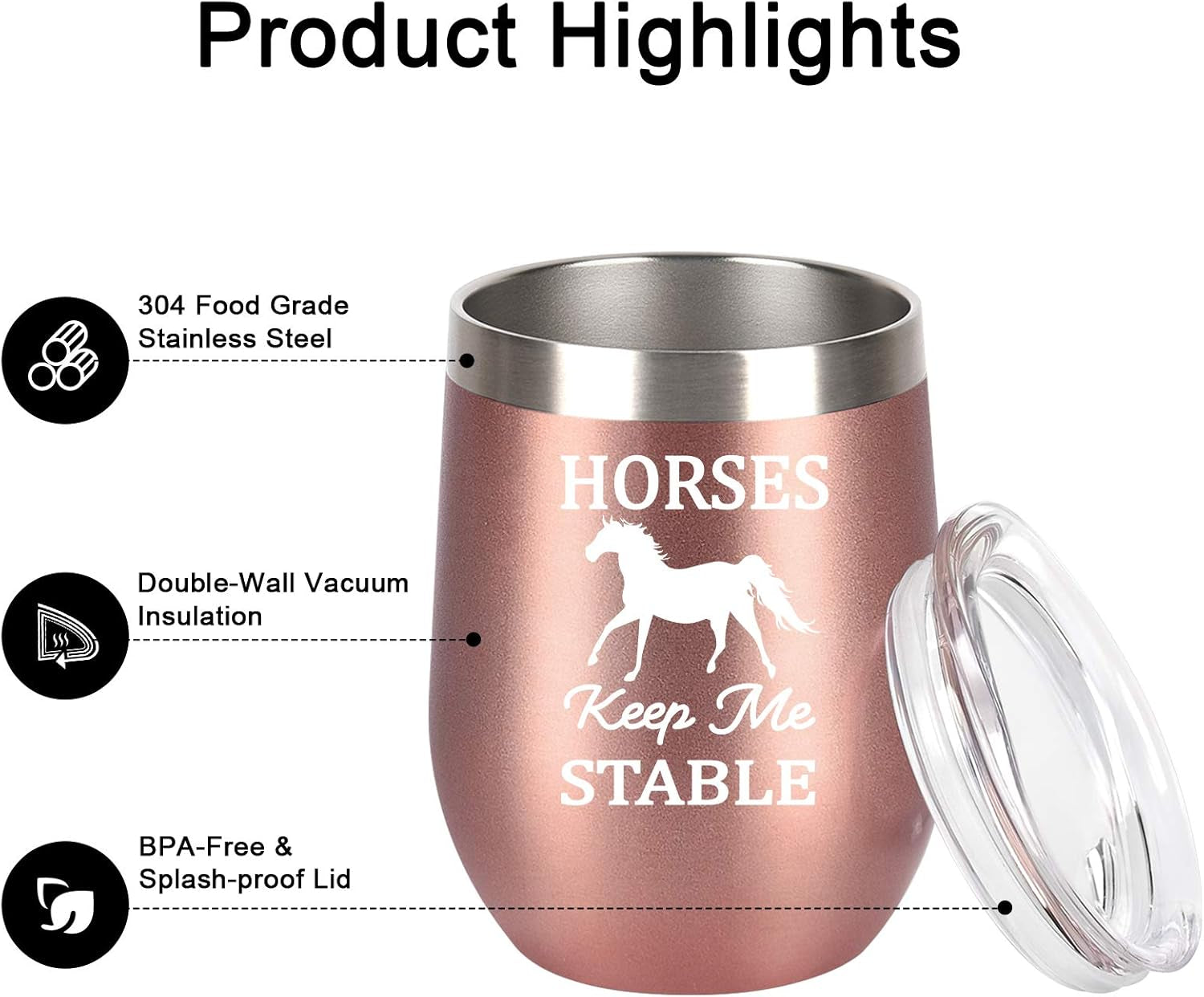 Horse Gifts for Women, Horses Keep Me Stable Wine Tumbler with Lid, Funny Birthday Christmas Gifts for Horse Lovers, Girls, Mom, Friends, Aunt, 12 Oz Insulated Stainless Steel Tumbler, Rose Gold