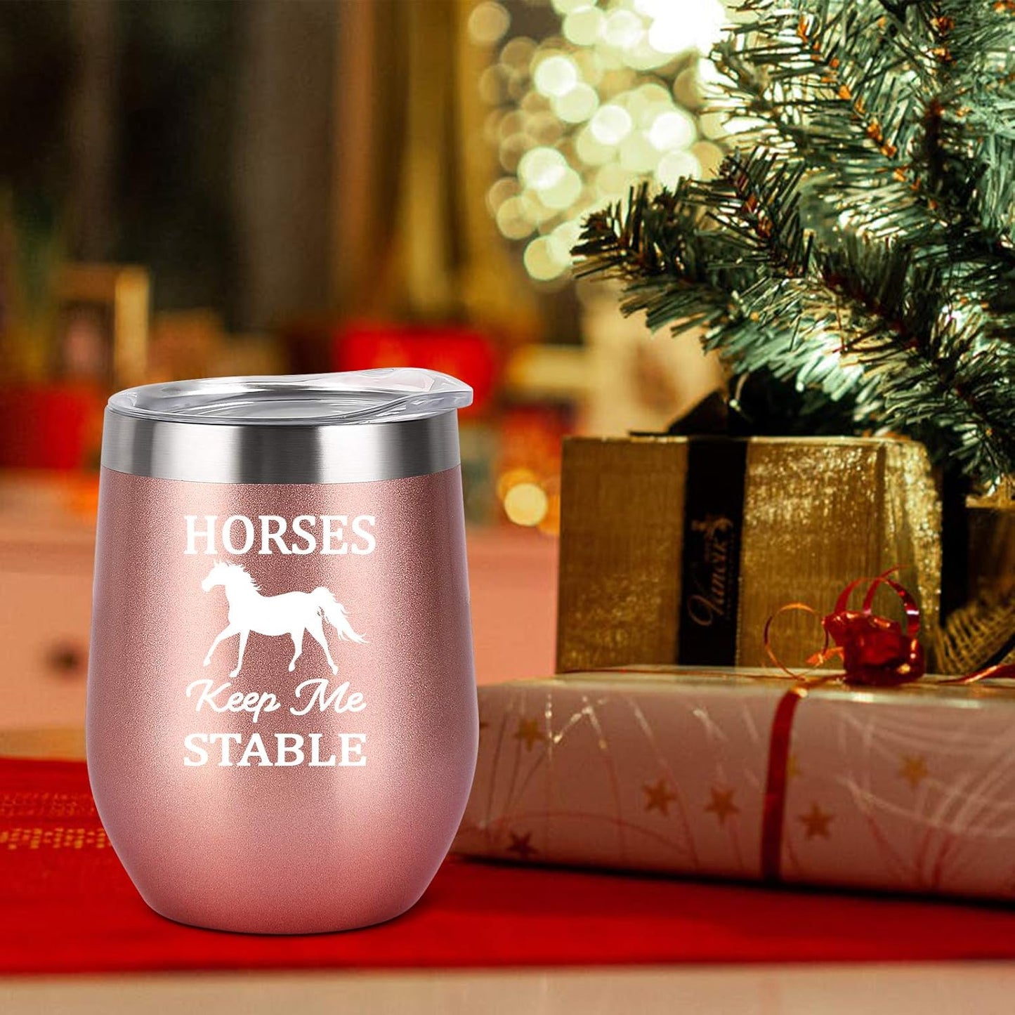 Horse Gifts for Women, Horses Keep Me Stable Wine Tumbler with Lid, Funny Birthday Christmas Gifts for Horse Lovers, Girls, Mom, Friends, Aunt, 12 Oz Insulated Stainless Steel Tumbler, Rose Gold