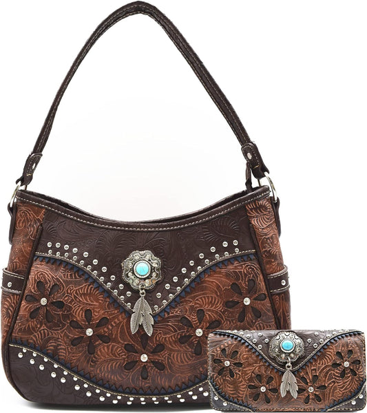 Tooled Leather Floral Laser Cut Flower Feather Purse Studs Country Western Handbag Women Shoulder Bag Trifold Wallet Set