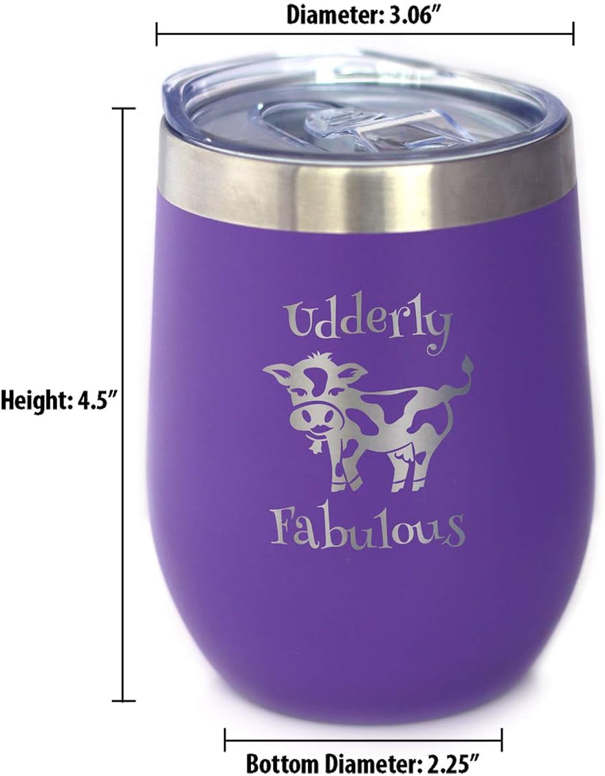 Udderly Fabulous - Cow Wine Tumbler with Sliding Lid - Stemless Stainless Steel Insulated Cup - Funny Outdoor Camping Mug - Purple