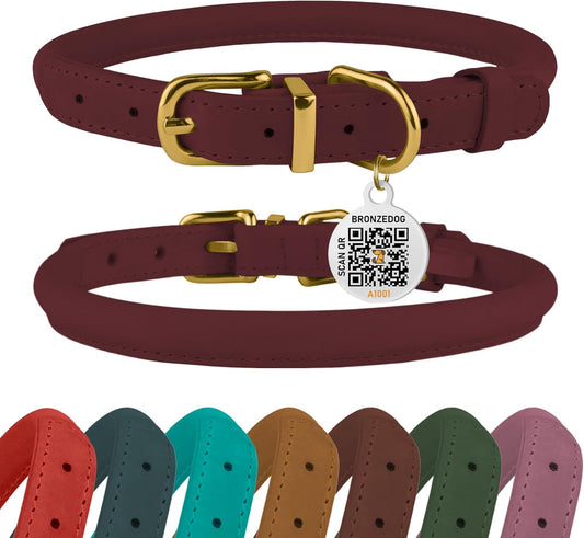 Rolled Leather Dog Collar with QR ID Tag Adjustable Soft round Collars for Small Medium Large Dogs Puppy Cat (16" - 19" Neck Size, Burgundy)