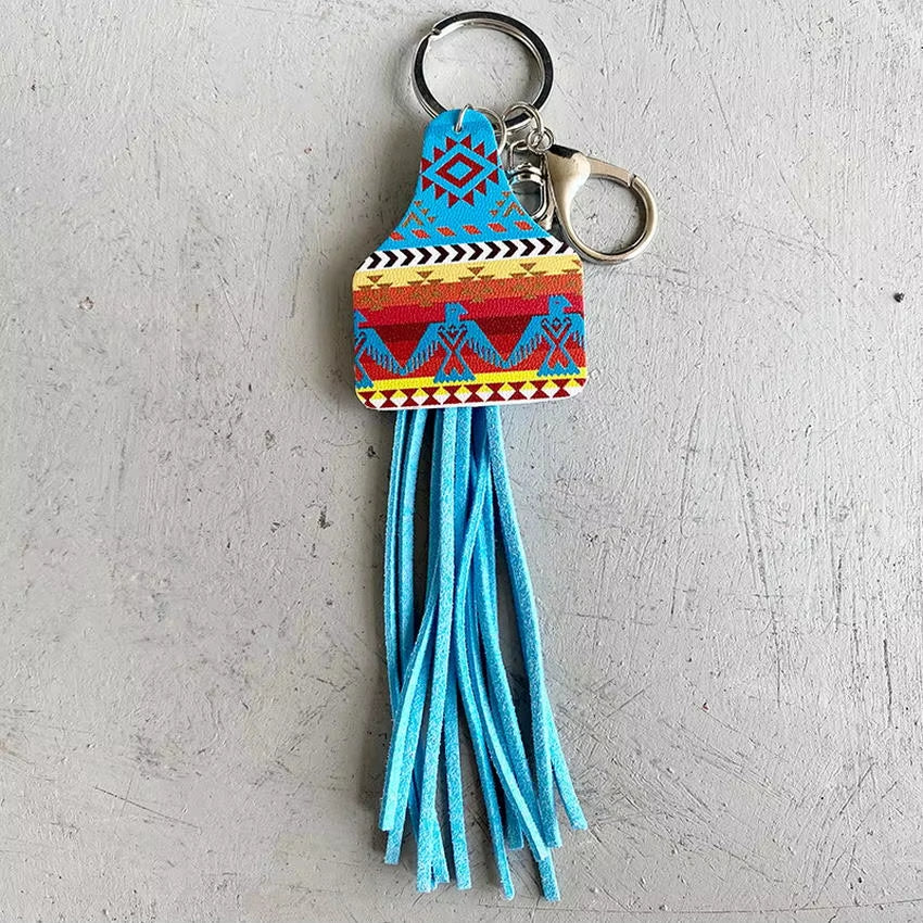 Leather Cow Tag Long Tassel Western Cowgirl Cowboy Keychain 2024 New Boho Key Chain Boutique Jewelry Wholesale Free Shipping