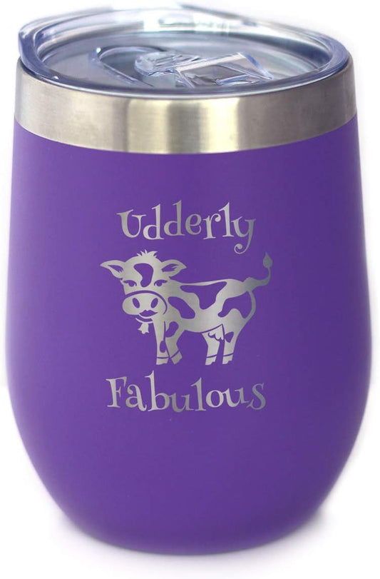 Udderly Fabulous - Cow Wine Tumbler with Sliding Lid - Stemless Stainless Steel Insulated Cup - Funny Outdoor Camping Mug - Purple