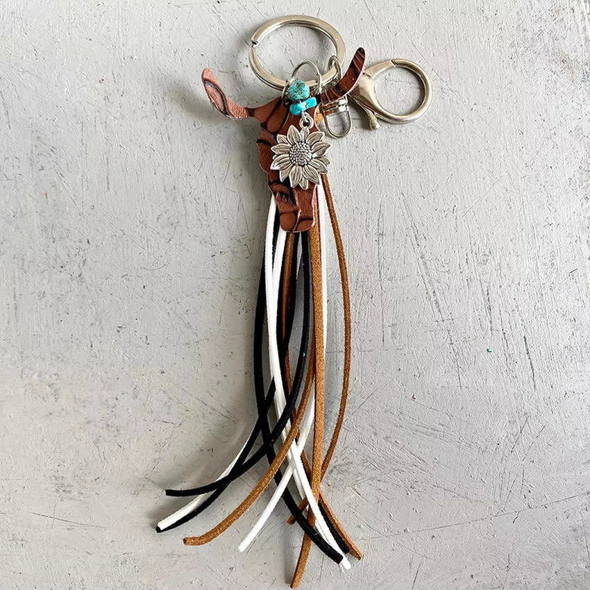 Leather Cow Tag Long Tassel Western Cowgirl Cowboy Keychain 2024 New Boho Key Chain Boutique Jewelry Wholesale Free Shipping