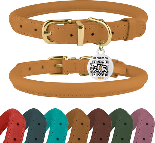 Rolled Leather Dog Collar with QR ID Tag Adjustable Soft round Collars for Small Medium Large Dogs Puppy Cat (14" - 16" Neck Size, Mustard)