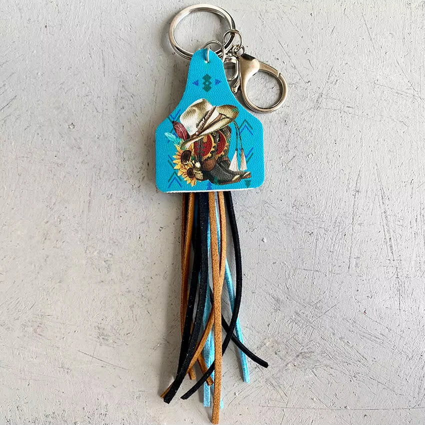 Leather Cow Tag Long Tassel Western Cowgirl Cowboy Keychain 2024 New Boho Key Chain Boutique Jewelry Wholesale Free Shipping