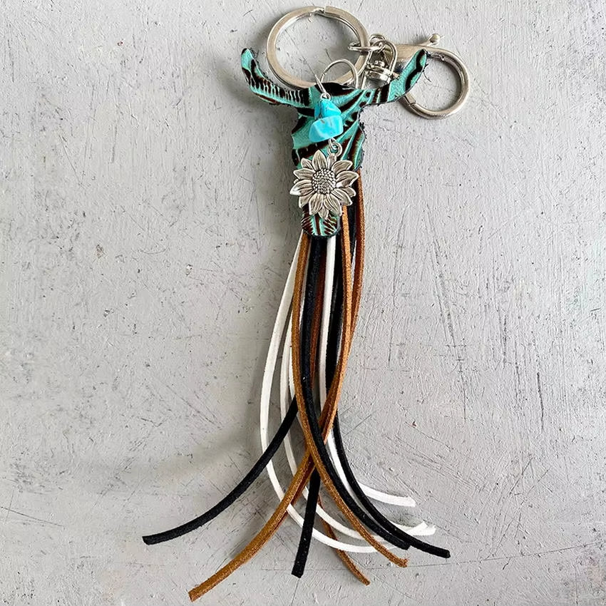 Leather Cow Tag Long Tassel Western Cowgirl Cowboy Keychain 2024 New Boho Key Chain Boutique Jewelry Wholesale Free Shipping