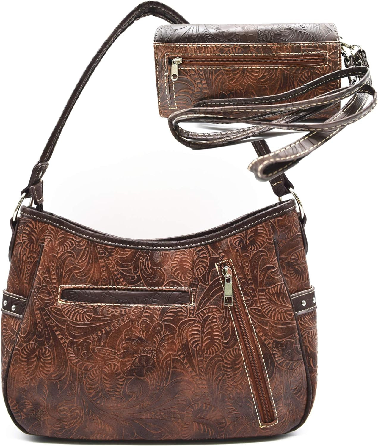 Tooled Leather Floral Laser Cut Flower Feather Purse Studs Country Western Handbag Women Shoulder Bag Trifold Wallet Set