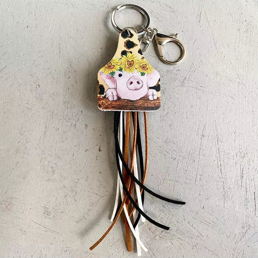 Leather Cow Tag Long Tassel Western Cowgirl Cowboy Keychain 2024 New Boho Key Chain Boutique Jewelry Wholesale Free Shipping